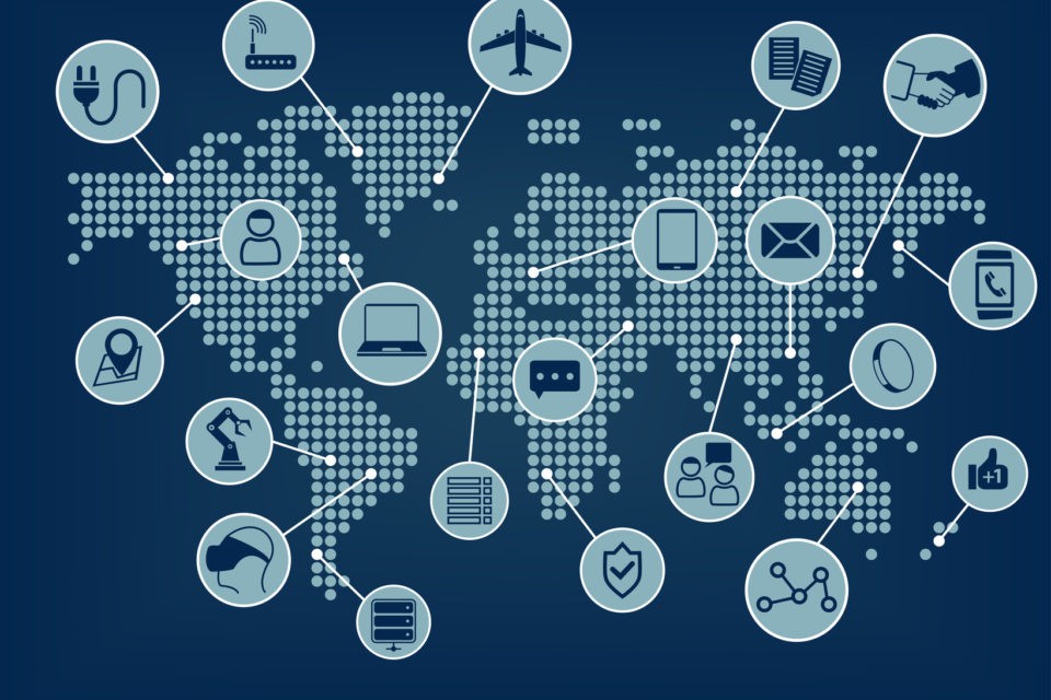 Internet of things (IoT) world map with connected devices