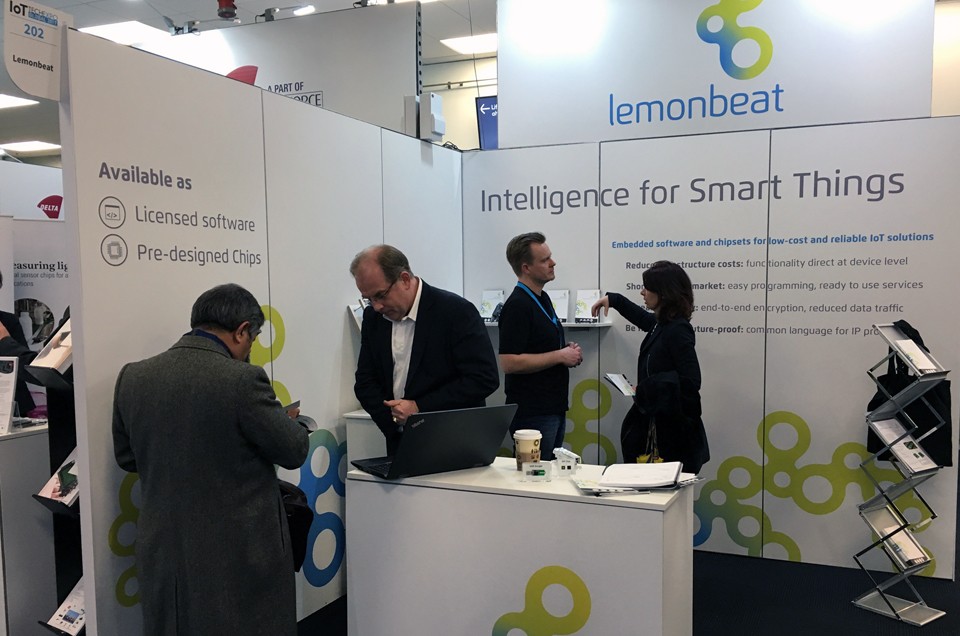 Lemonbeat Stand 202 at IoTTechExpo, Olympia, London. Frank Reusch (2nd from left) will talk about the increase of automation with intelligent devices on January 24. Photo: Edmund Barrett, Lemonbeat.