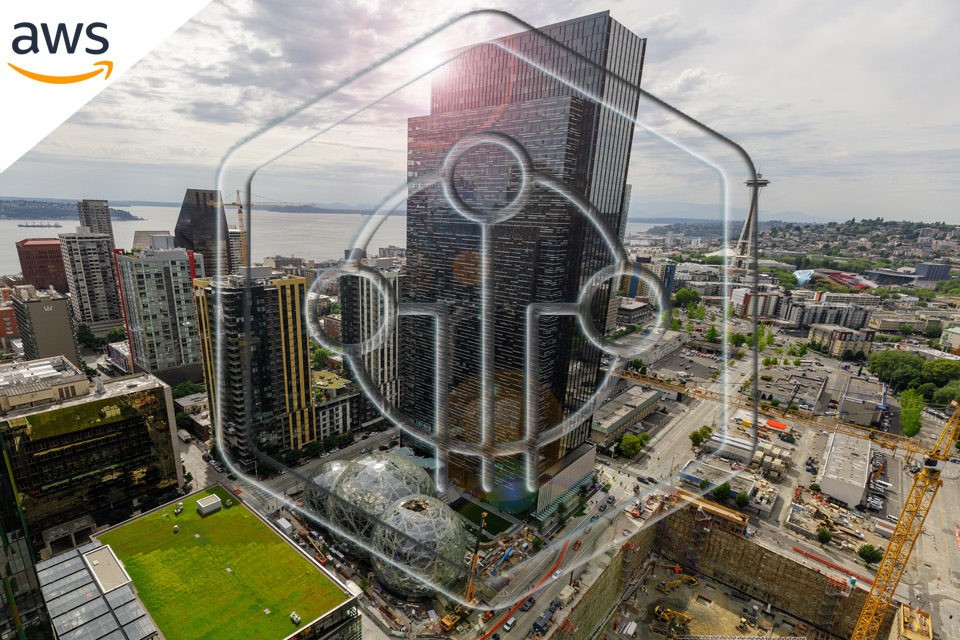 Amazon Headquarters in Seattle with AWS Iot Core Logo