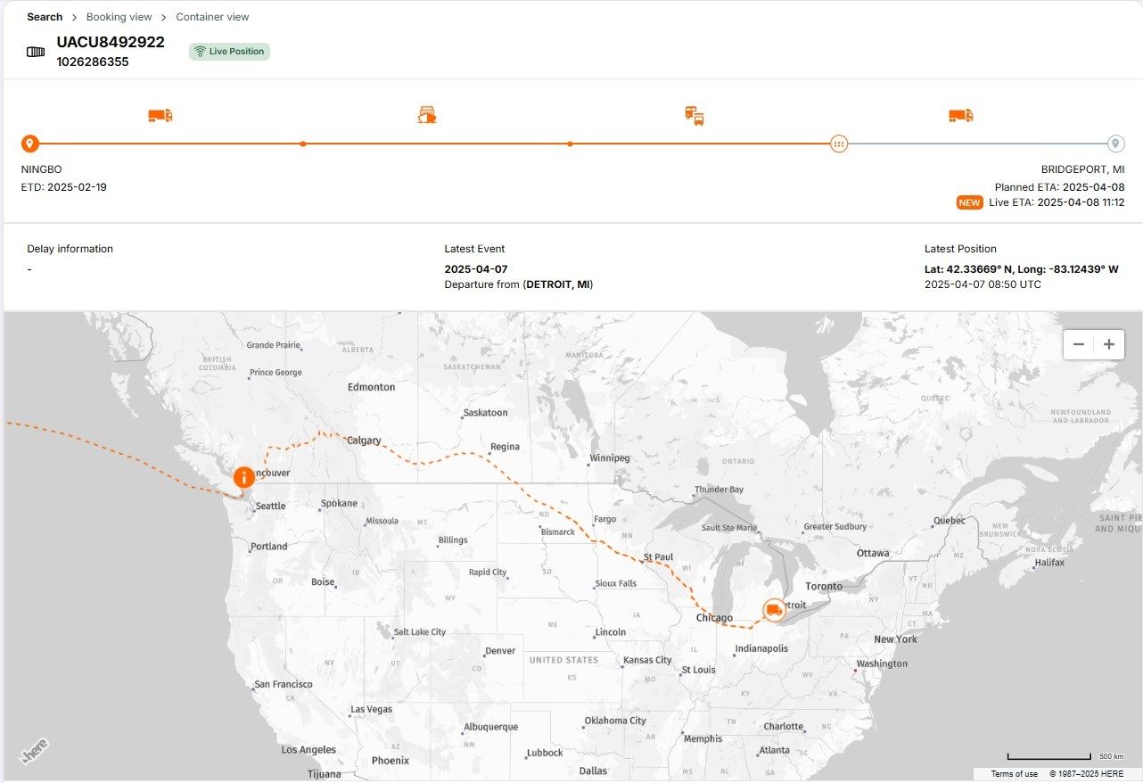 Via the Live Position platform, customers can find out the arrival time of their containers very precisely. Screenshot: Hapag Lloyd