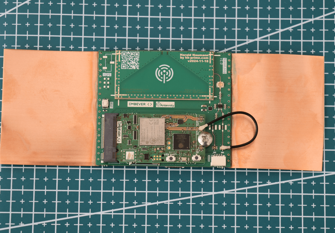 NanoLoop PCB with M.2 card and nRF9151 and 'Virtual Plane' via copper foil by Antennity.