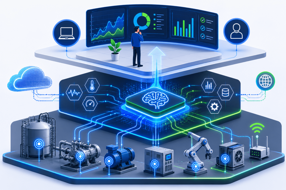 Abstract digital worker avatar surrounded by floating IoT data streams, temperature graphs, vibration charts, fill level indicators, passing a structured report upward, neutral and collegial mood, soft blue and white tones, minimal flat illustration style, no text, white background